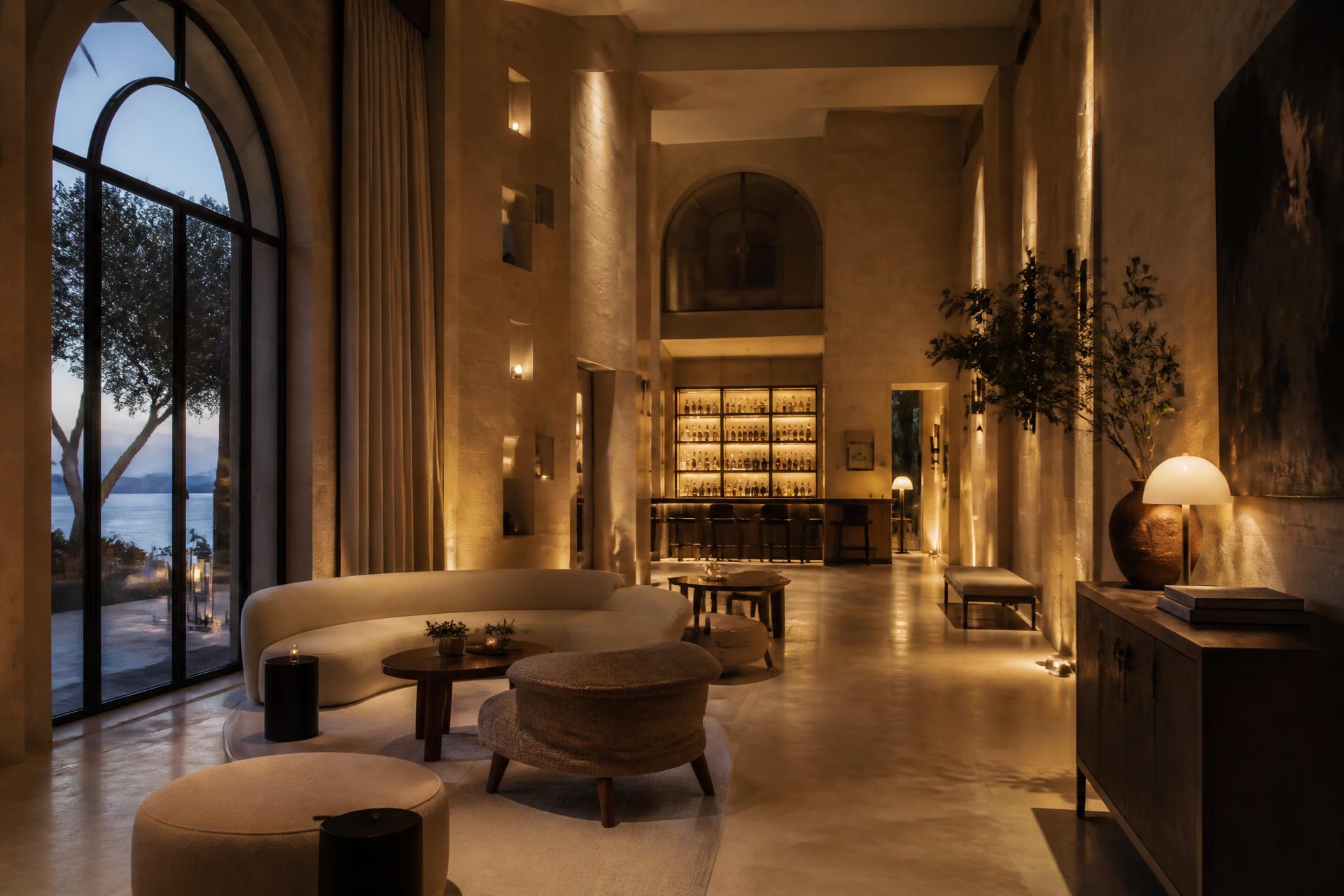 Softly lit luxury hotel lobby at dusk